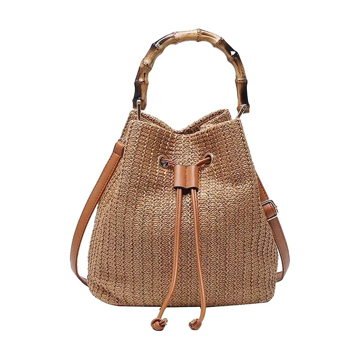 Bamboo Handle Drawstring Woven Rattan Bucket Bag