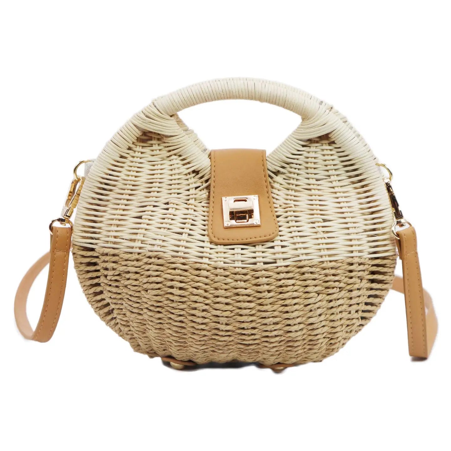 Two Tone Rattan Straw Wicker Circle Purse Bag