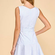 Blue Pinstripe Sleeveless Ruffle Hem Belted Dress