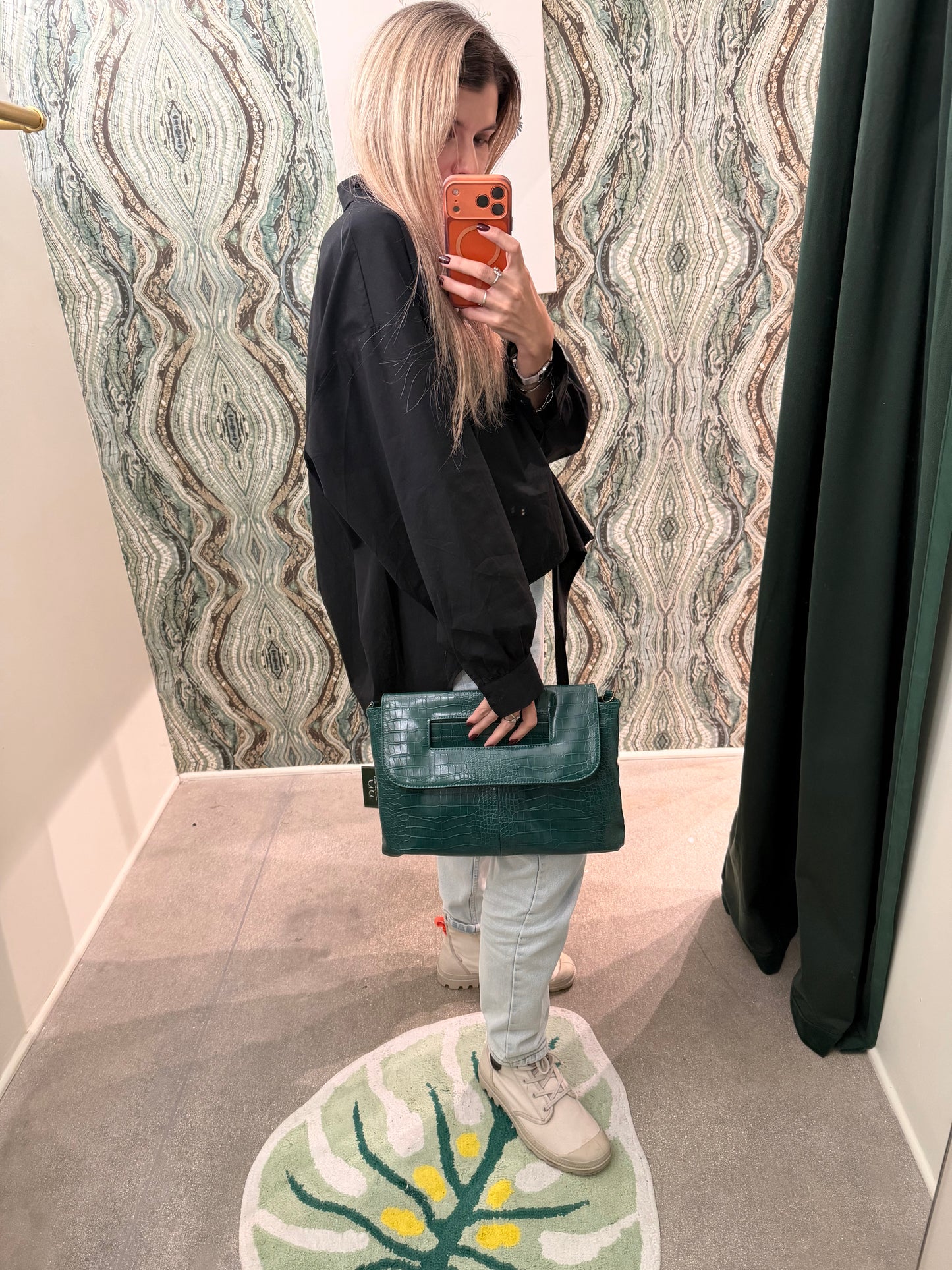 Crocodile print clutch with wrist strap