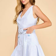 Blue Pinstripe Sleeveless Ruffle Hem Belted Dress