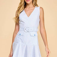 Blue Pinstripe Sleeveless Ruffle Hem Belted Dress
