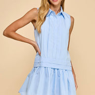 Babye Blue Sleeveless Dropped Waist Shirt Dress