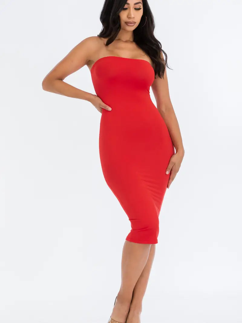 Strapless Tube Bodycon Midi Dress
