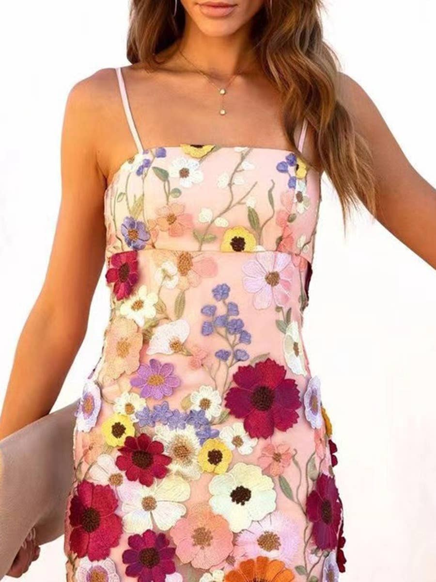Chic Floral Embroidered Mesh Mini Dress