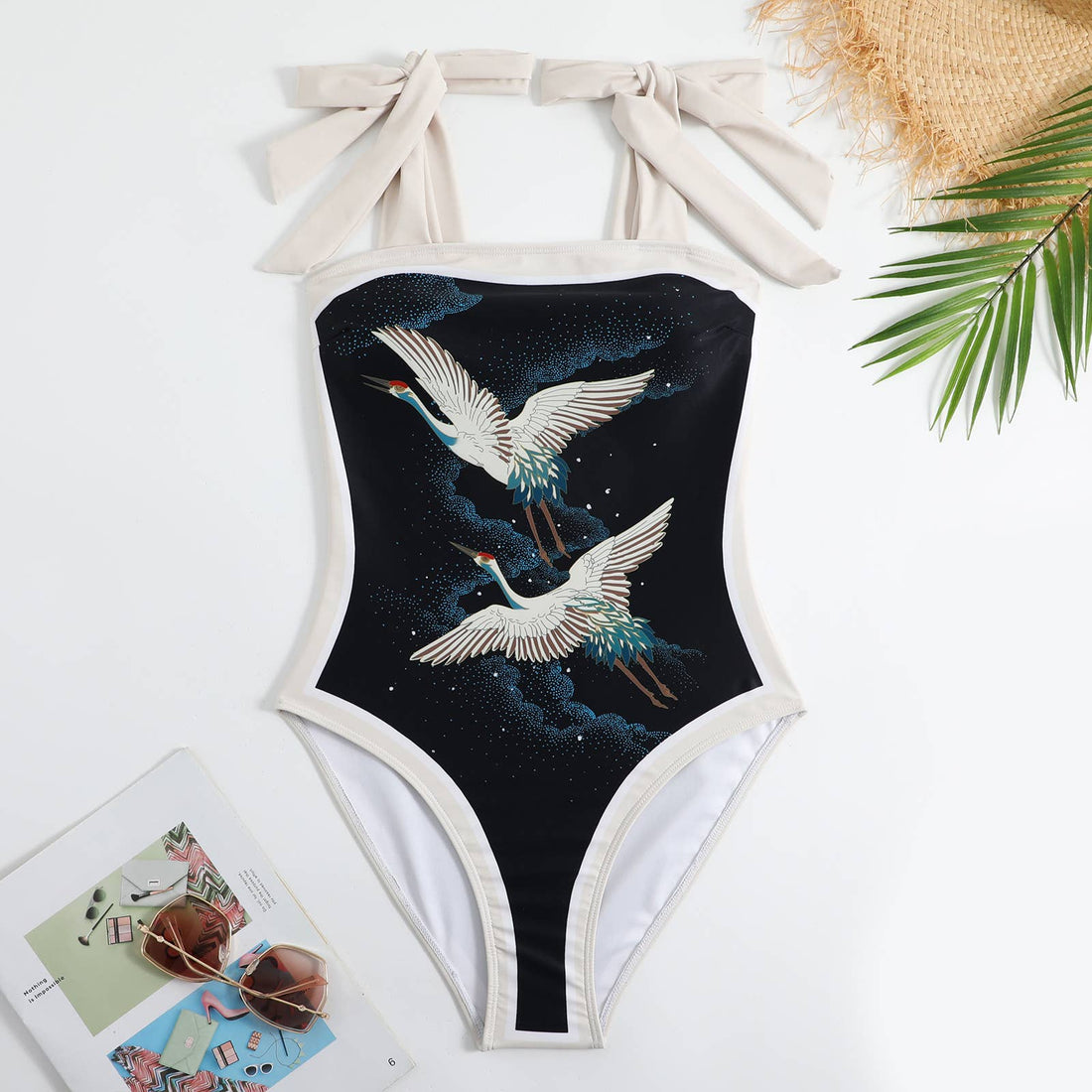 SET: Crane Printed One Piece & Matching Sarong