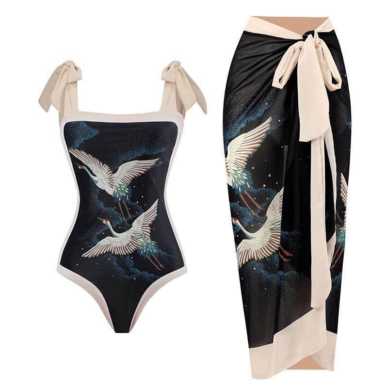 SET: Crane Printed One Piece & Matching Sarong