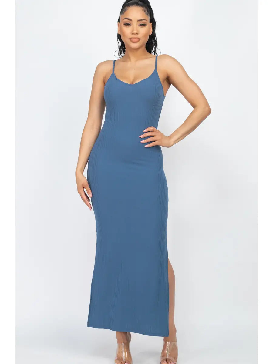 Ribbed Side Slit Long Cami Dress