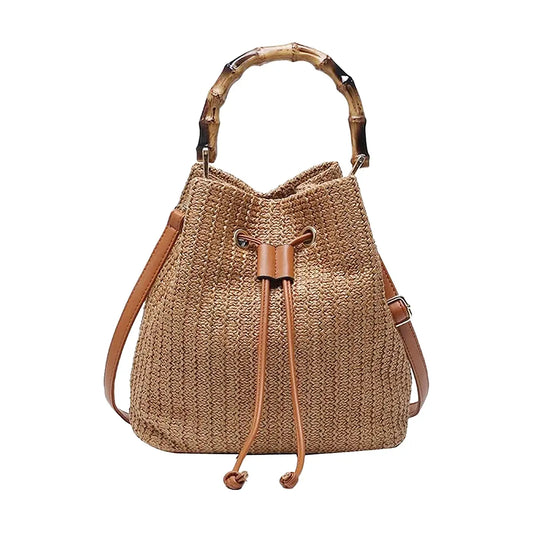Bamboo Handle Drawstring Woven Rattan Bucket Bag