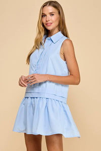 Babye Blue Sleeveless Dropped Waist Shirt Dress
