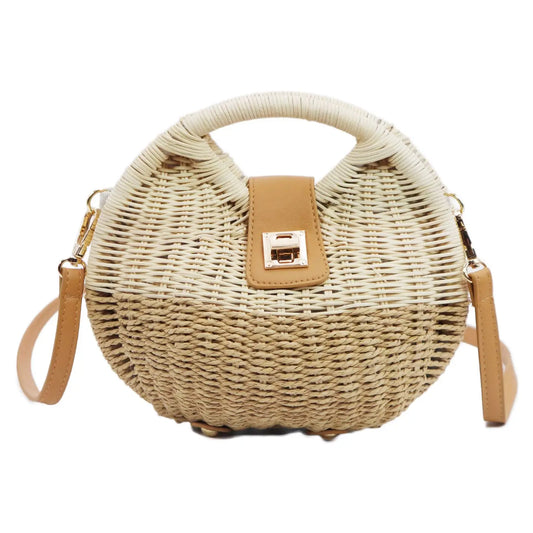 Two Tone Rattan Straw Wicker Circle Purse Bag