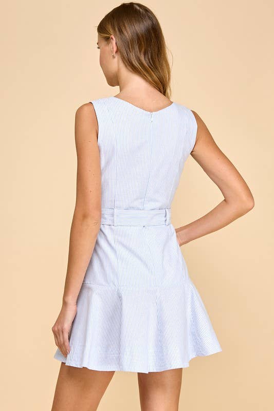 Blue Pinstripe Sleeveless Ruffle Hem Belted Dress