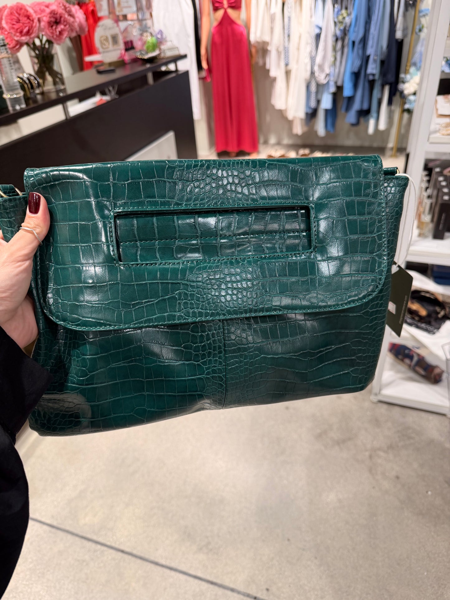 Crocodile print clutch with wrist strap