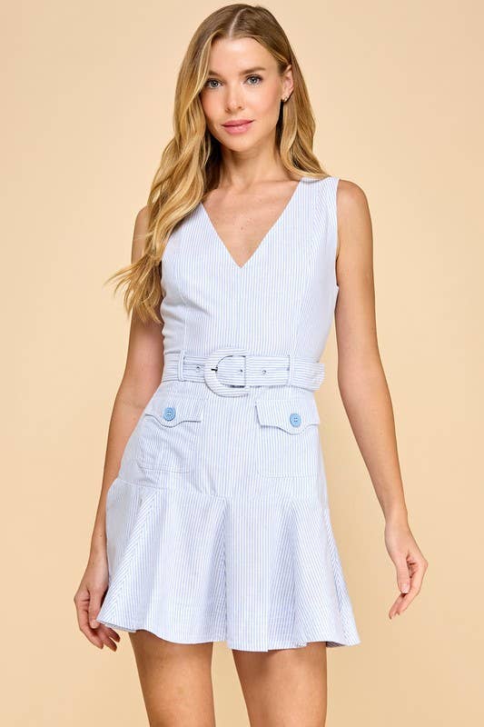 Blue Pinstripe Sleeveless Ruffle Hem Belted Dress