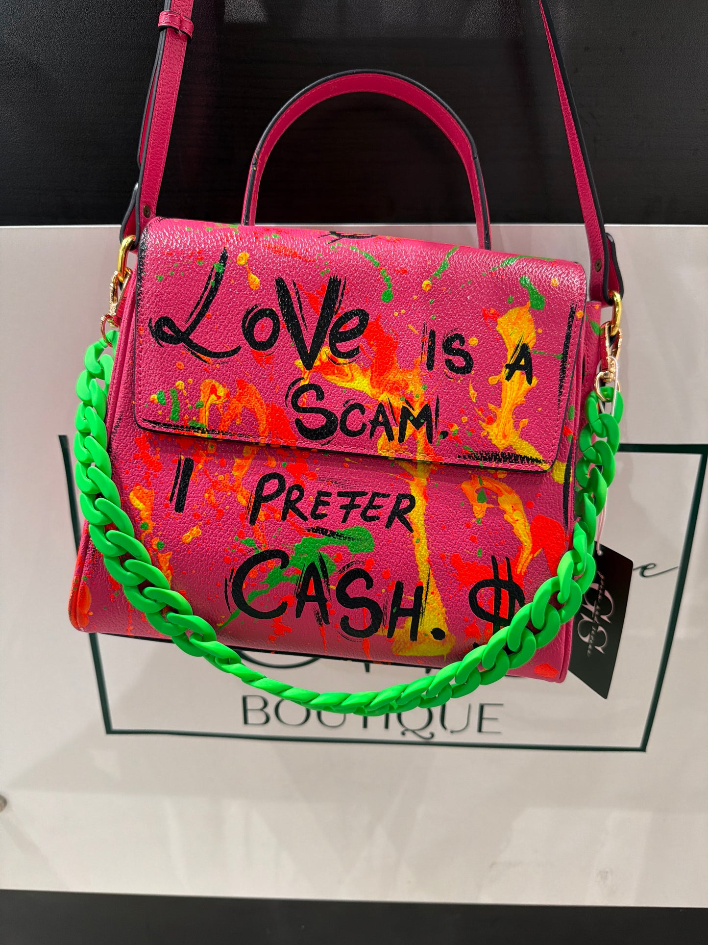 “Love Is a Scam” Graffiti Statement Purse