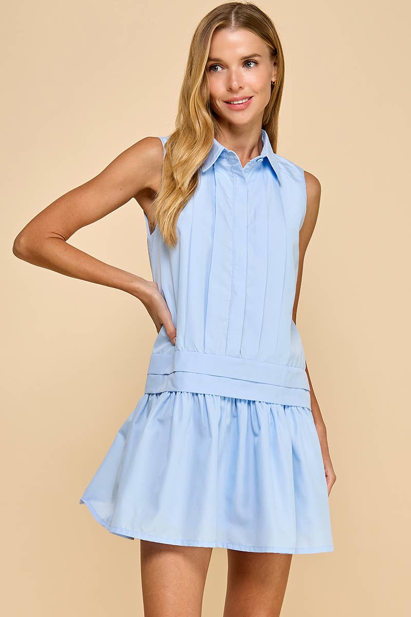 Babye Blue Sleeveless Dropped Waist Shirt Dress