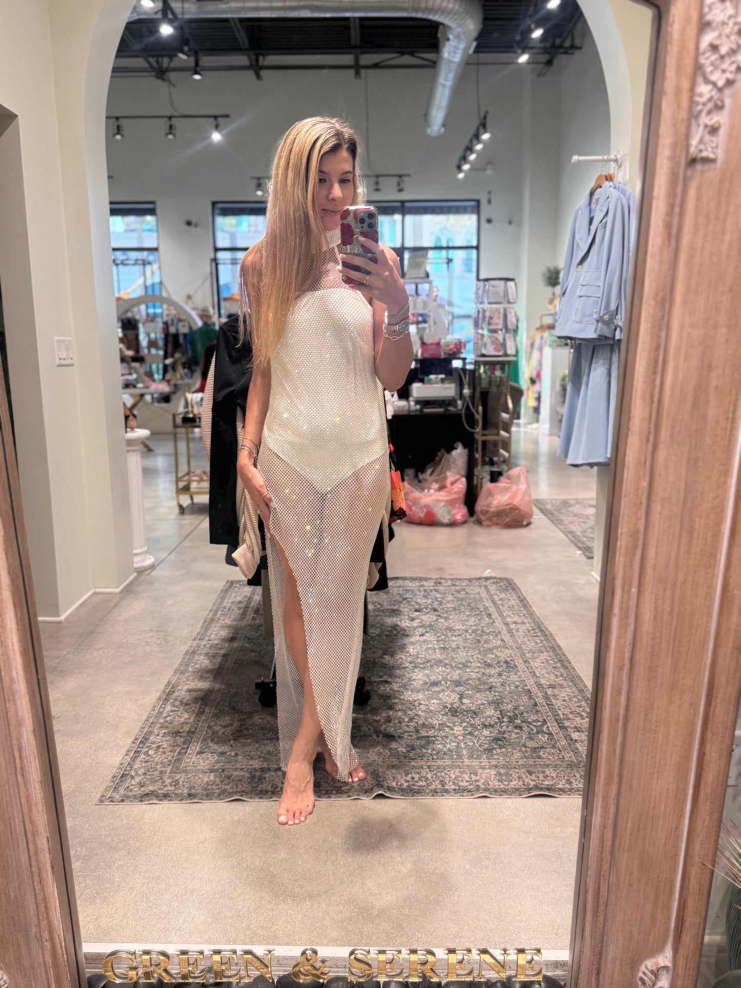 Crystal mesh high neck asymmetrical dress