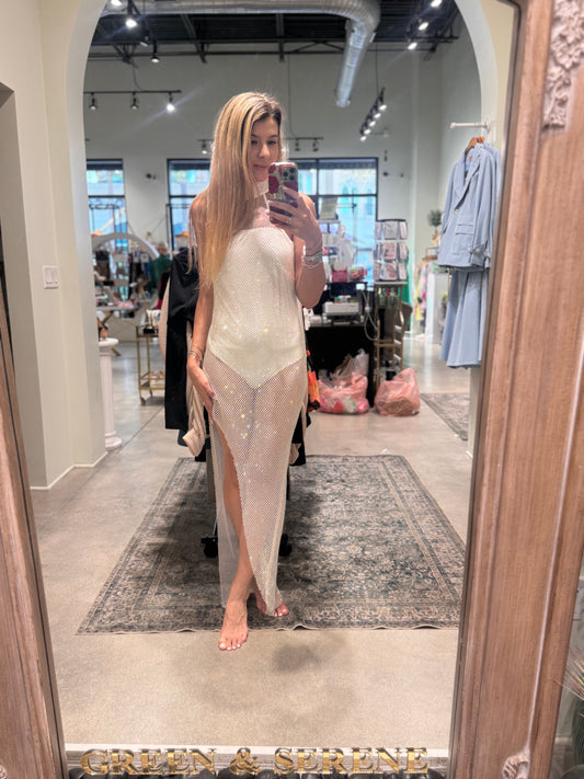 Crystal mesh high neck asymmetrical dress