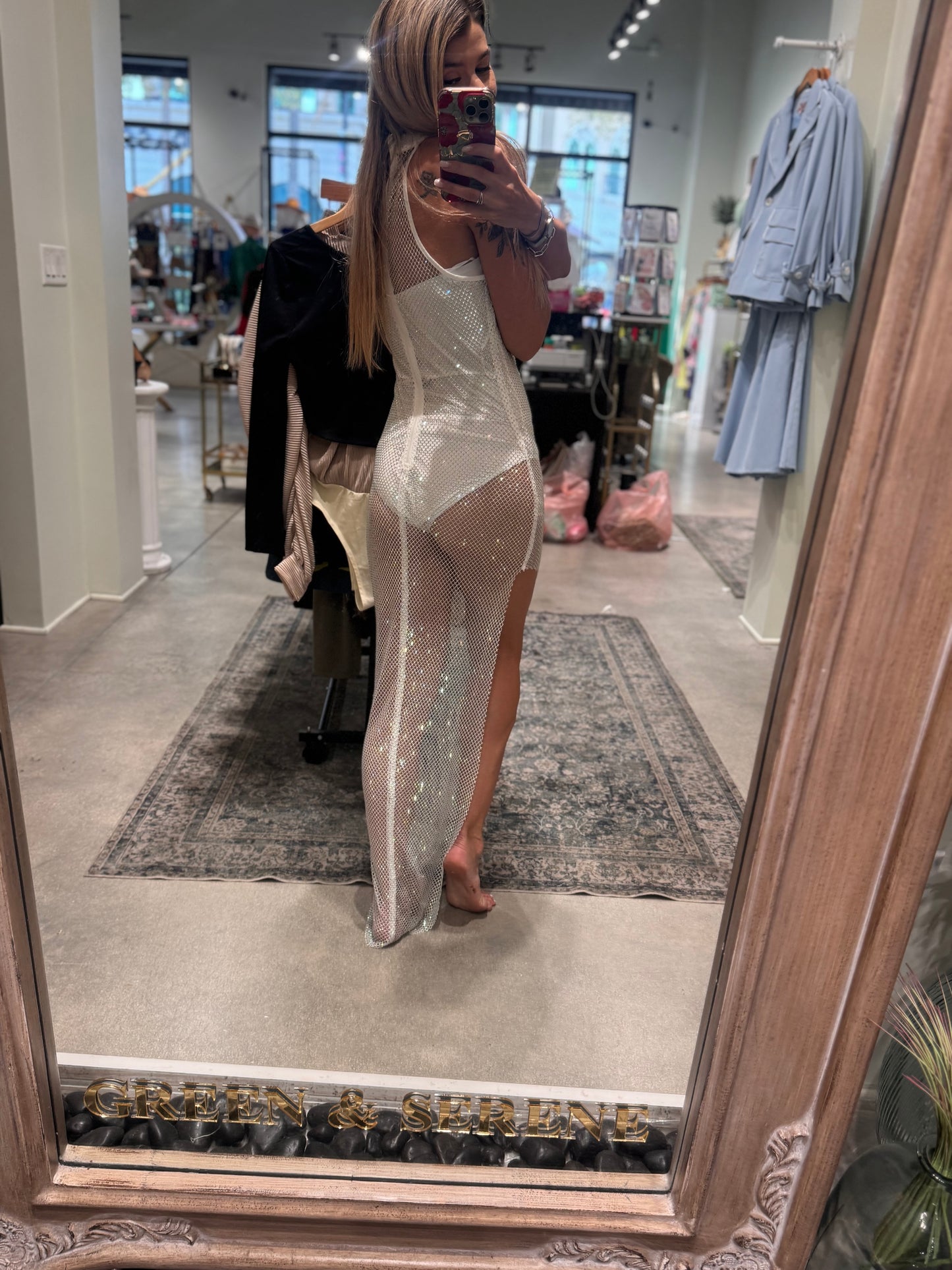 Crystal mesh high neck asymmetrical dress