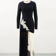 Beaded Appliqué Black Slit Dress