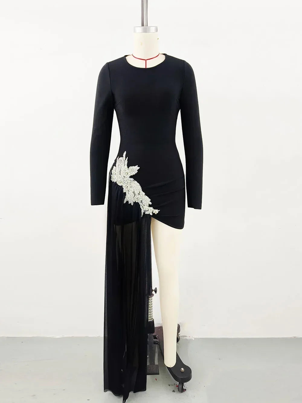 Beaded Appliqué Black Slit Dress