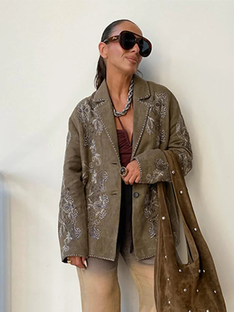 Embroidery Flower Bead Blazer Coat