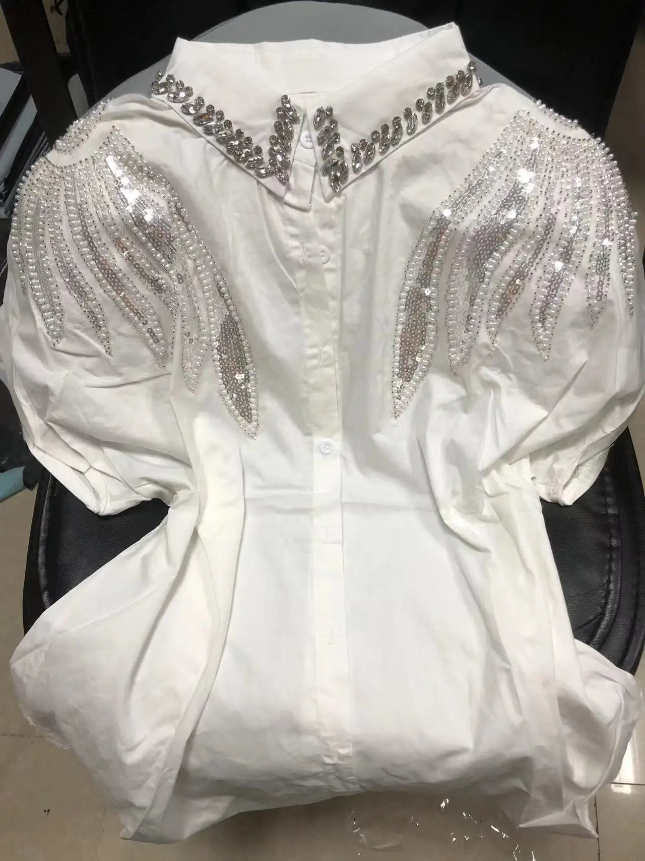 Sparkling Rhinestone Collared Blouse