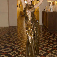 Gold Pleated Evening Dress