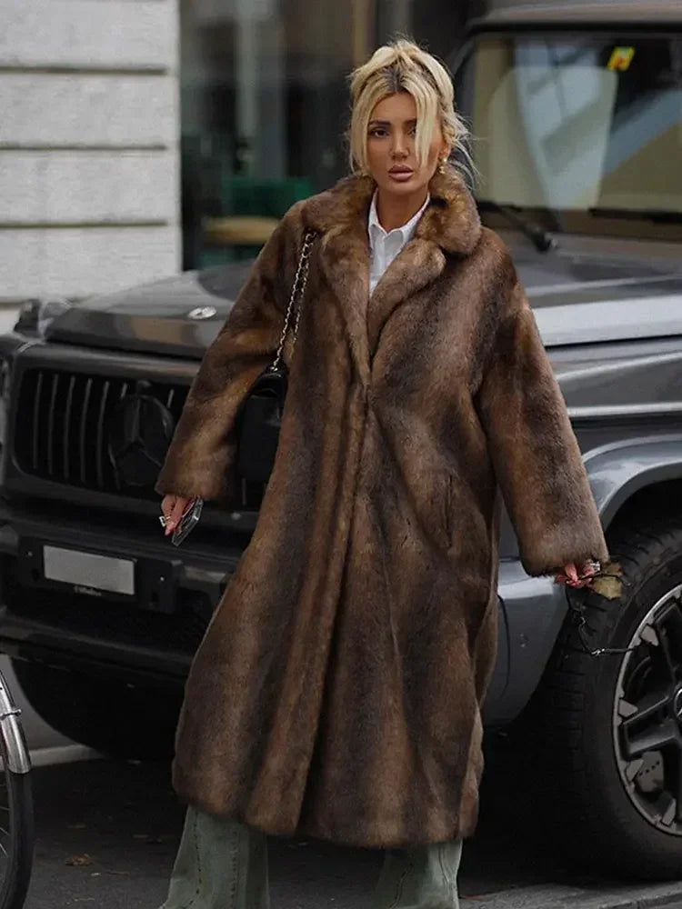 Brown Faux Fur Long Overcoat