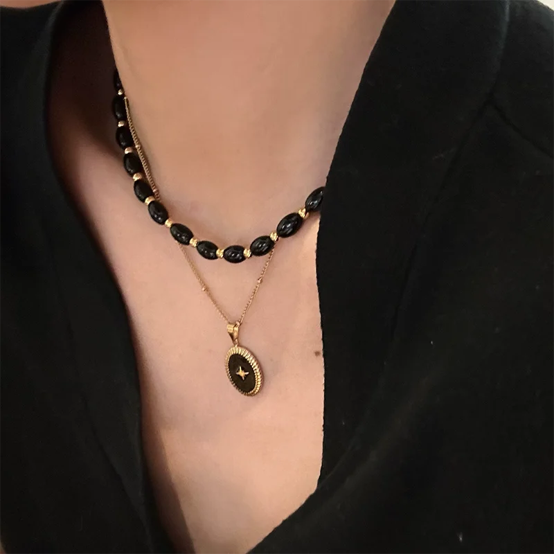 Black Agate Beaded Long Necklace