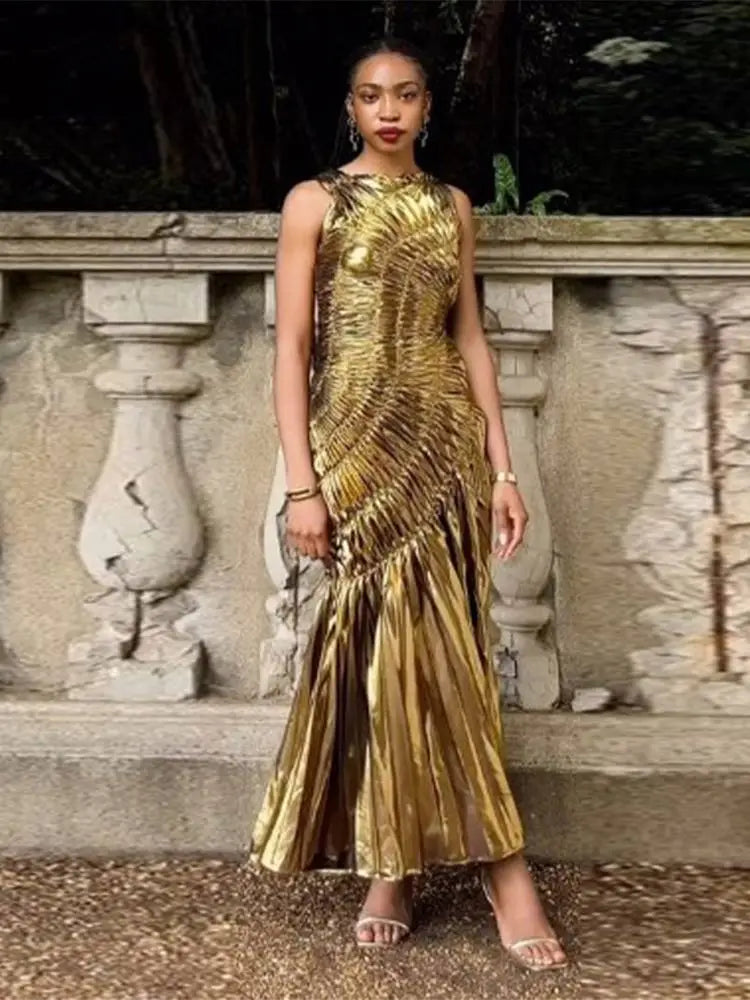 Gold Pleated Evening Dress