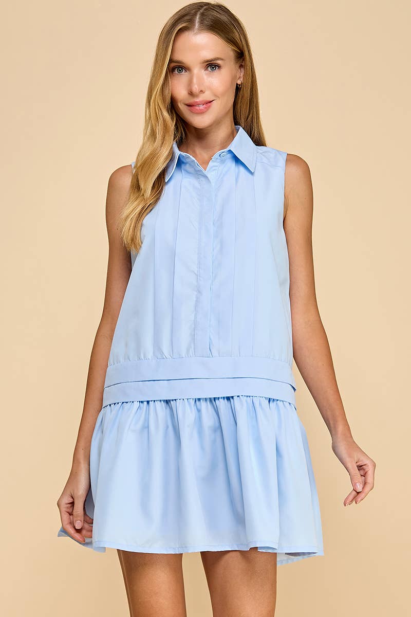 Babye Blue Sleeveless Dropped Waist Shirt Dress