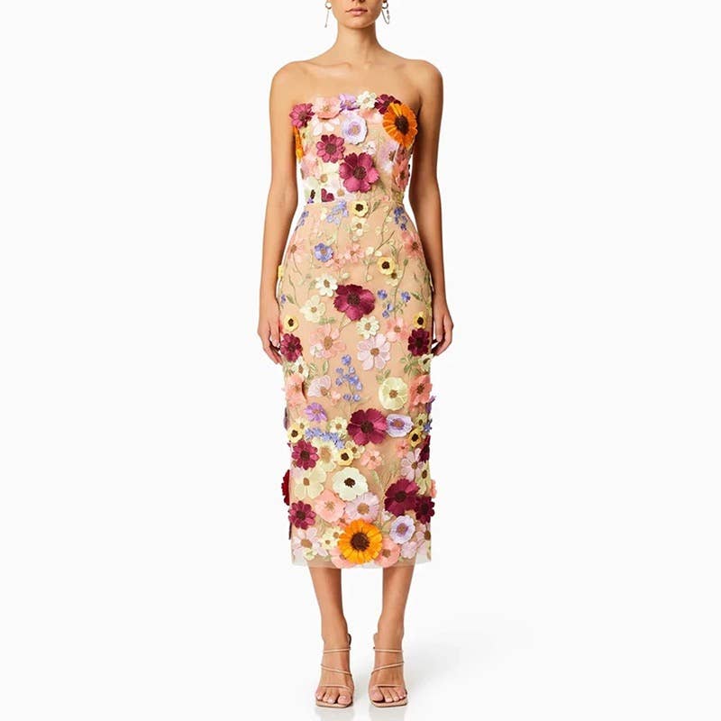 Floral Embroidered Tube Midi