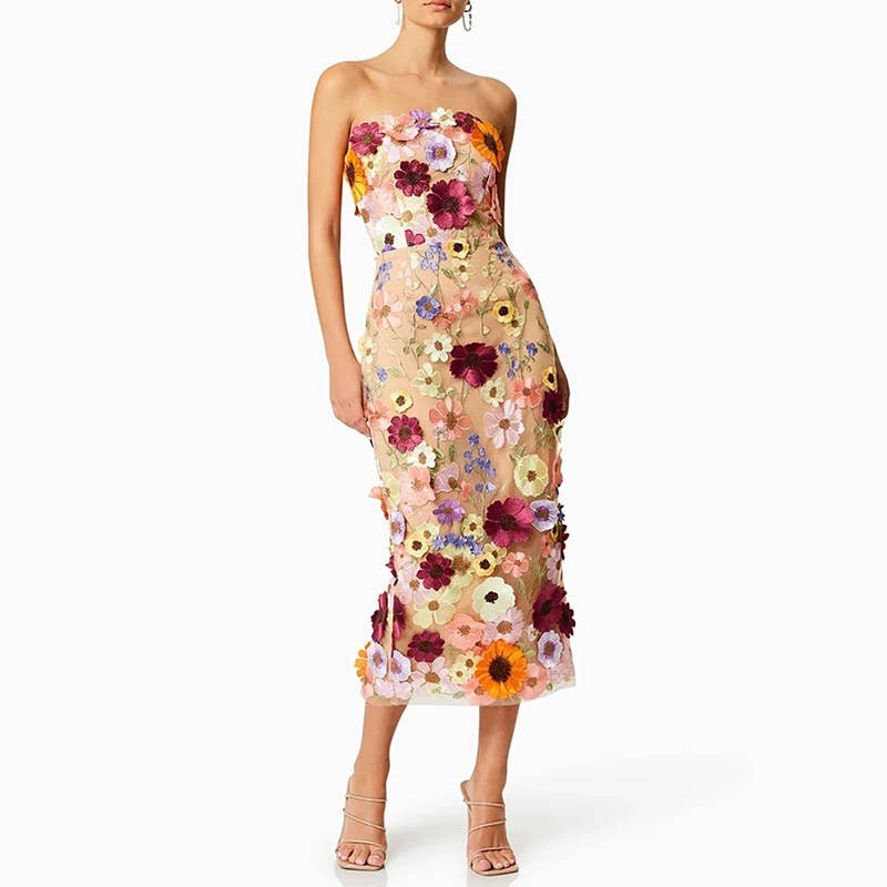 Floral Embroidered Tube Midi