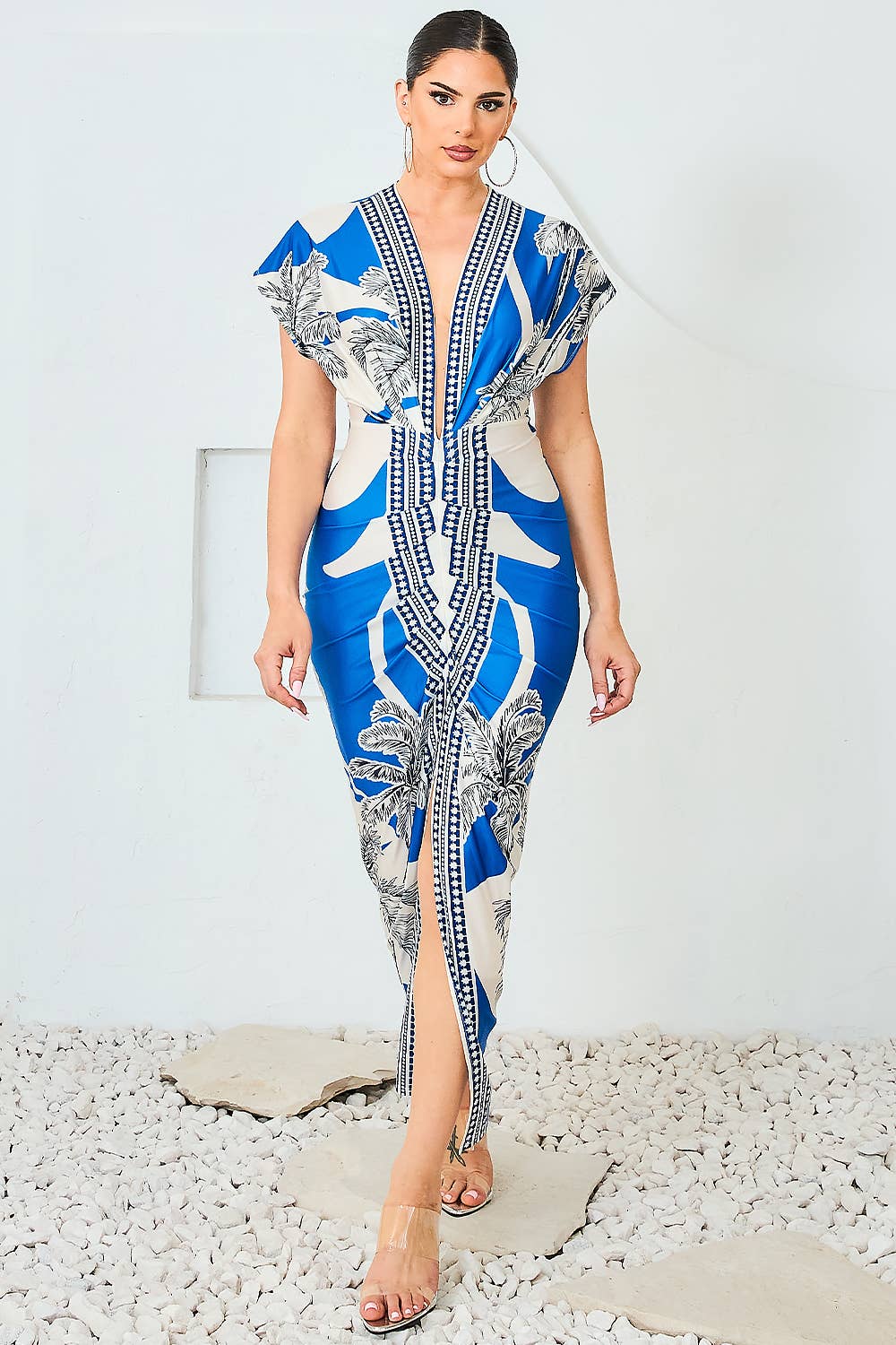 Blue Palms V-Neck Dress