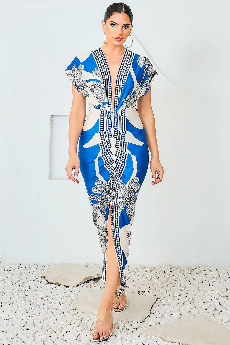 Blue Palms V-Neck Dress